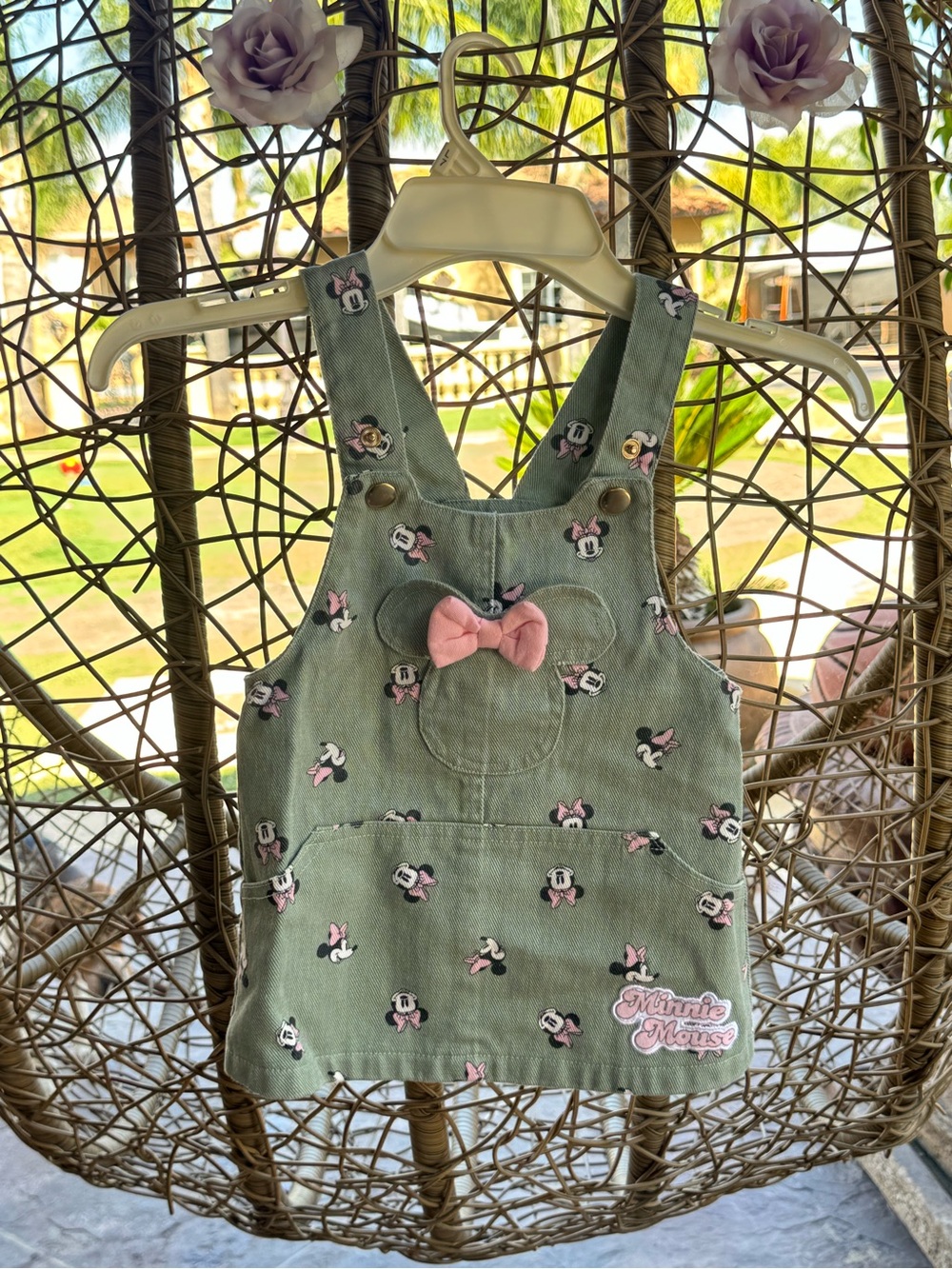 Disney Minnie Mouse Dress Green Green Minnie print overalls with pink bow